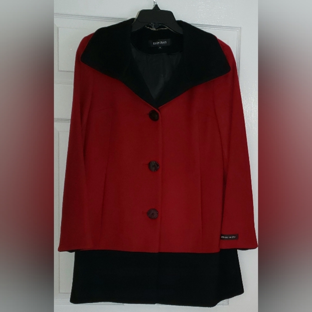 ELLEN TRACY Size 8 ANGORA BLEND WINTER CAR COAT Red & Black Color Block